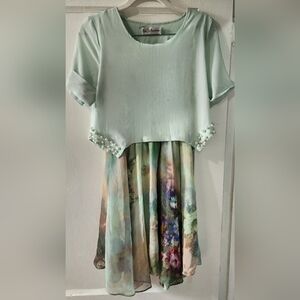 GaoJi Fashion Green High Low Sundress with Cuffed Sleeves